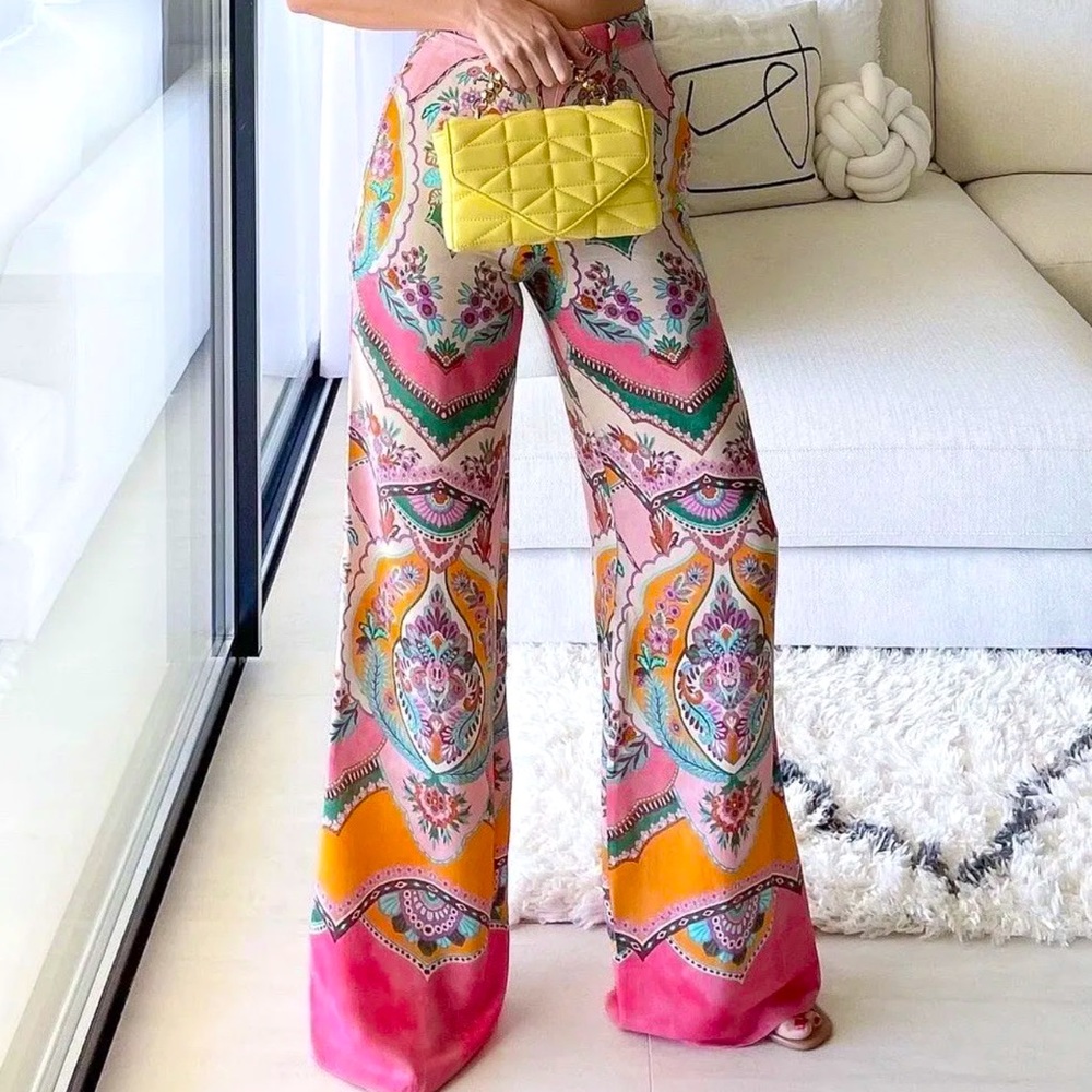 Zara Pink Multi Paisley Wide Leg Pants